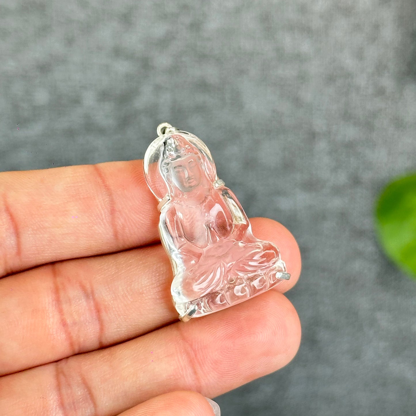 Natural Clear Quartz Tara Buddha Pendant with Paw Hook s92 Silver