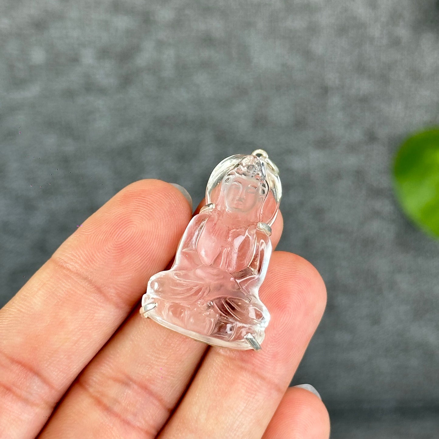Natural Clear Quartz Tara Buddha Pendant with Paw Hook s92 Silver