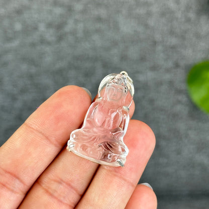 Natural Clear Quartz Tara Buddha Pendant with Paw Hook s92 Silver