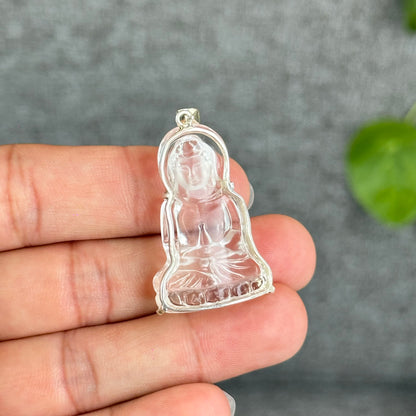 Natural Clear Quartz Tara Buddha Pendant with Paw Hook s92 Silver
