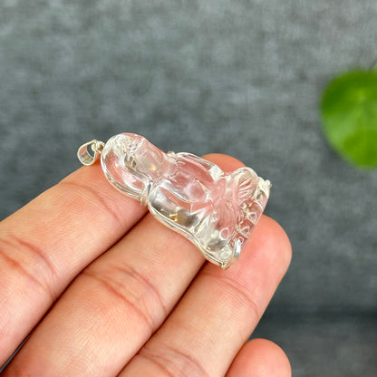 Natural Clear Quartz Tara Buddha Pendant with Paw Hook s92 Silver