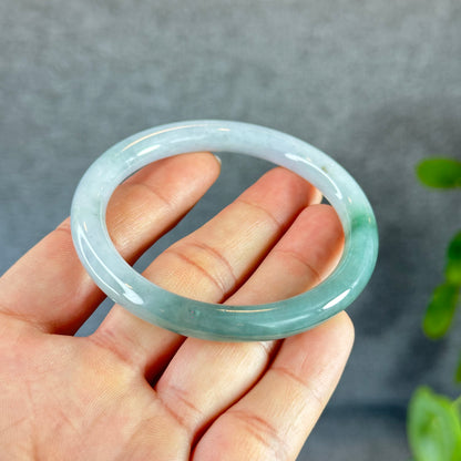 Moss Green Ivory White Natural Jadeite Jade Bangle Chopstick Style Size 55 mm