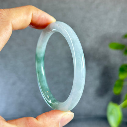 Moss Green Ivory White Natural Jadeite Jade Bangle Chopstick Style Size 55 mm