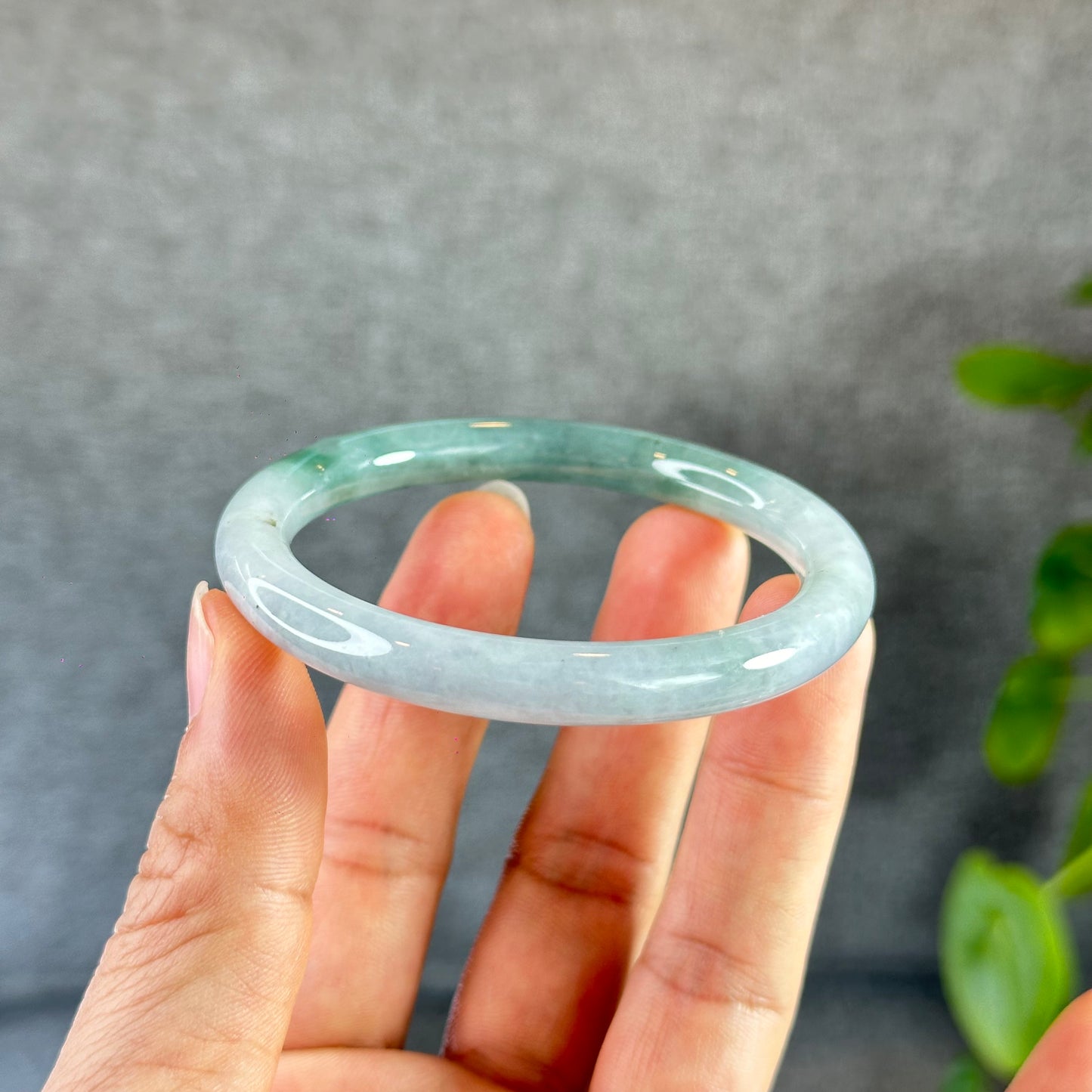Moss Green Ivory White Natural Jadeite Jade Bangle Chopstick Style Size 55 mm