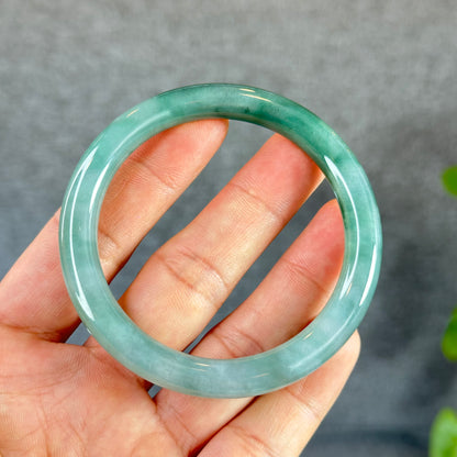 Moss Green Ivory White Jadeite Jade Bangle Chopstick Style Size 55.5 mm