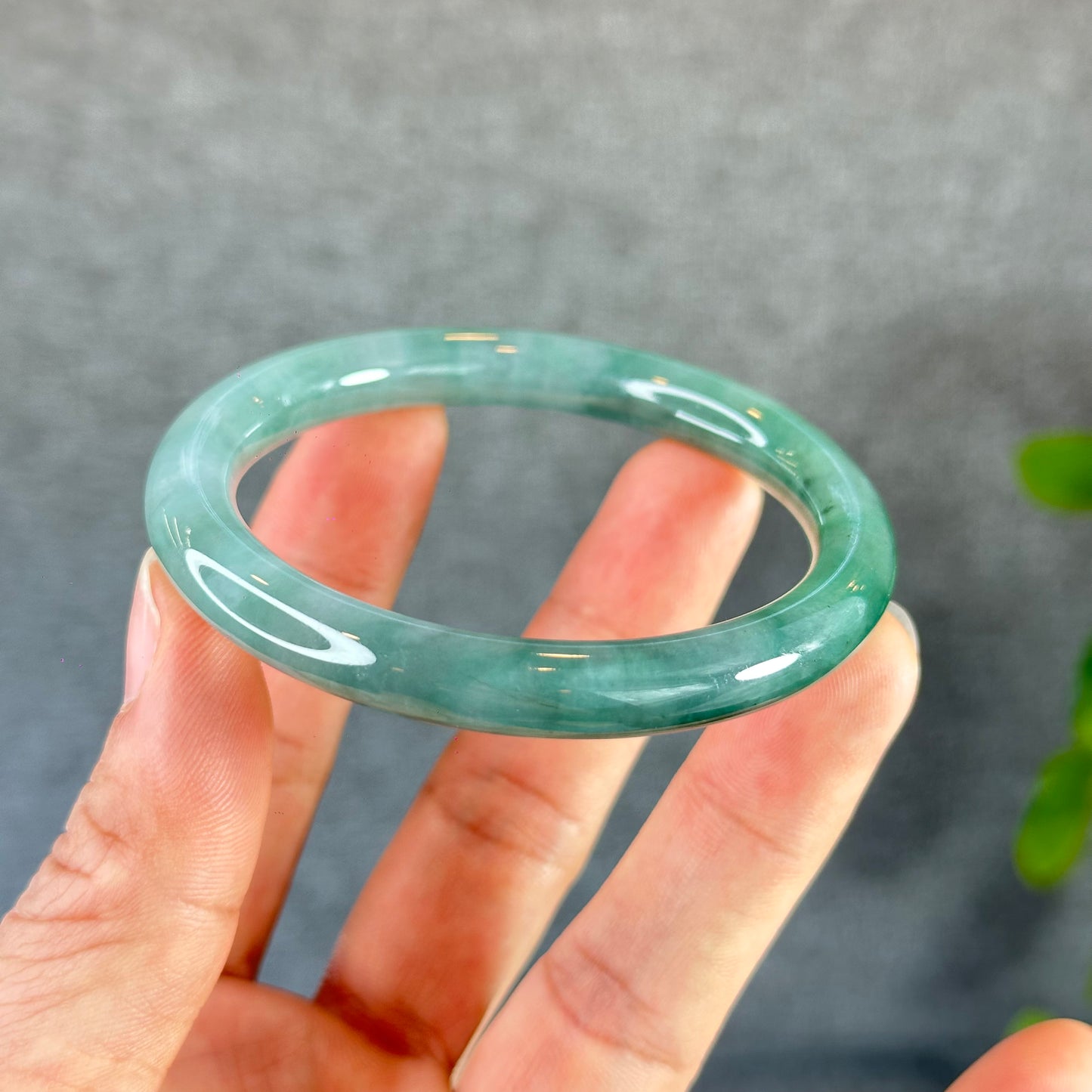 Moss Green Ivory White Jadeite Jade Bangle Chopstick Style Size 55.5 mm