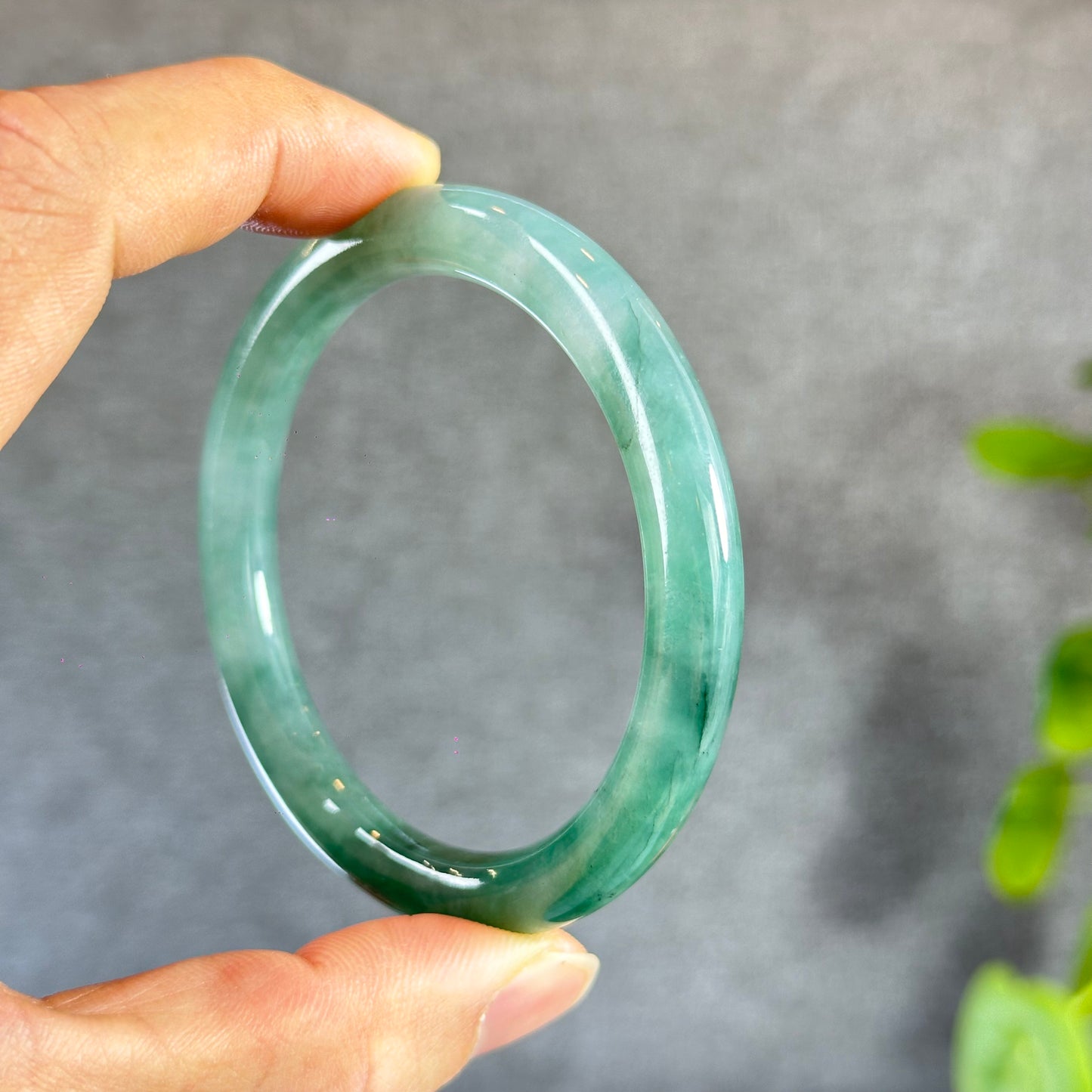 Moss Green Ivory White Jadeite Jade Bangle Chopstick Style Size 55.5 mm