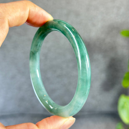 Moss Green Ivory White Jadeite Jade Bangle Chopstick Style Size 55.5 mm