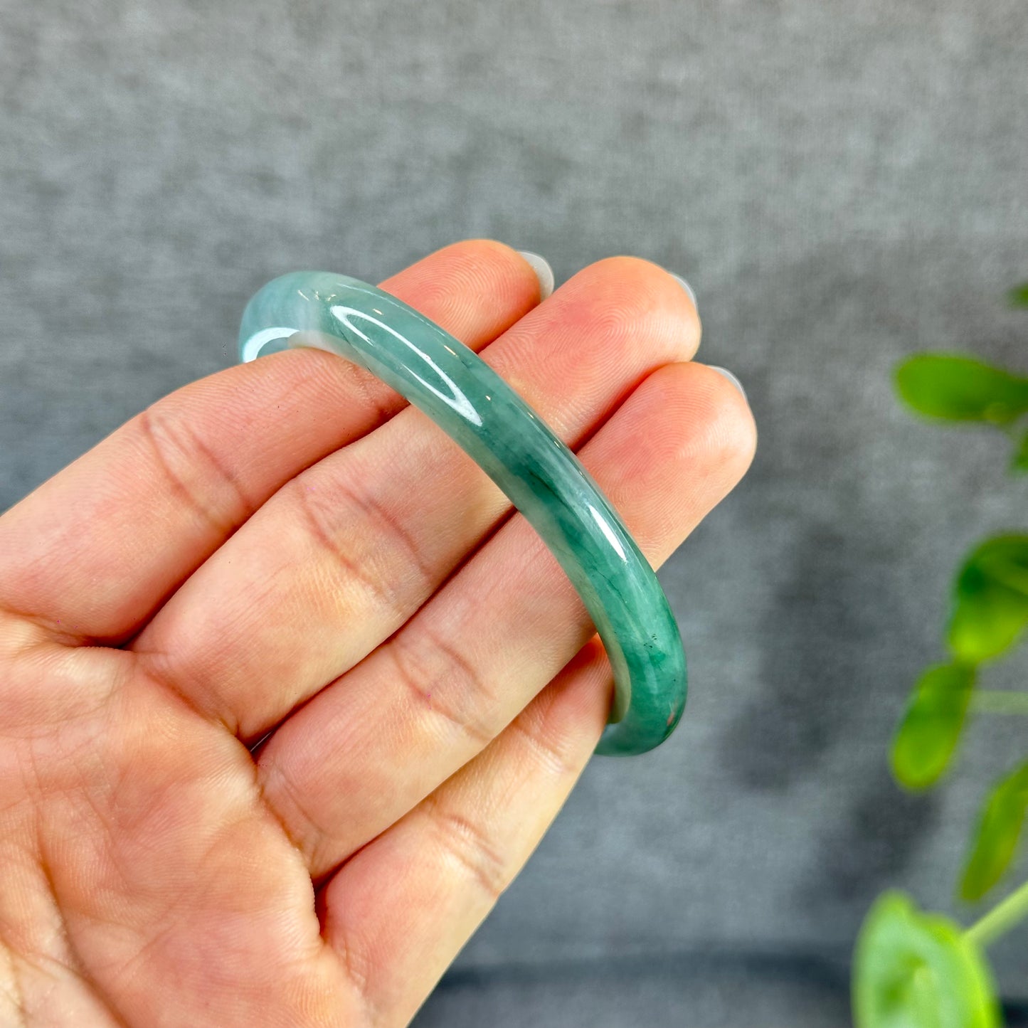 Moss Green Ivory White Jadeite Jade Bangle Chopstick Style Size 55.5 mm