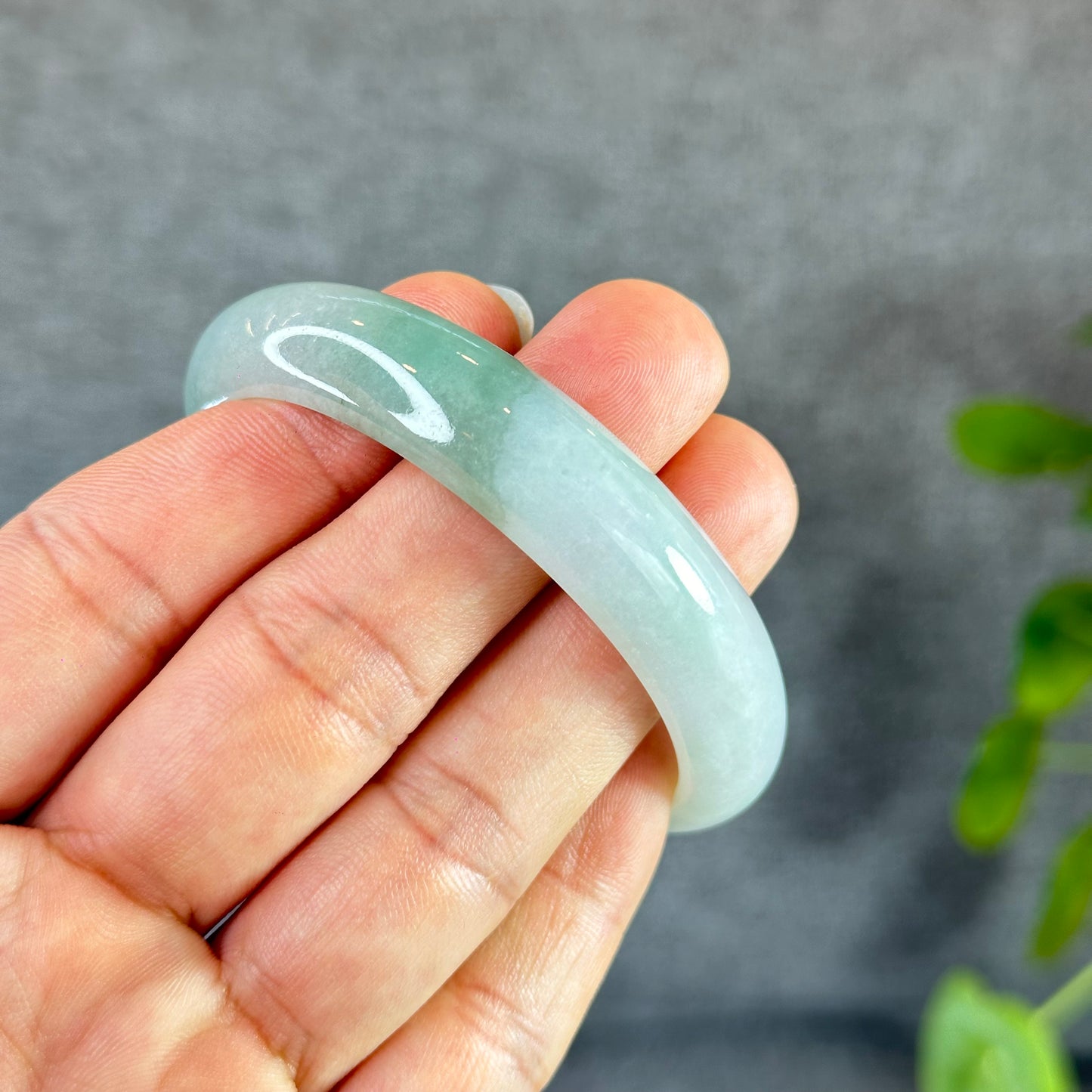 Moss Green Ivory White Natural Jadeite Jade Bangle Oval Leaf Style Size 55 mm