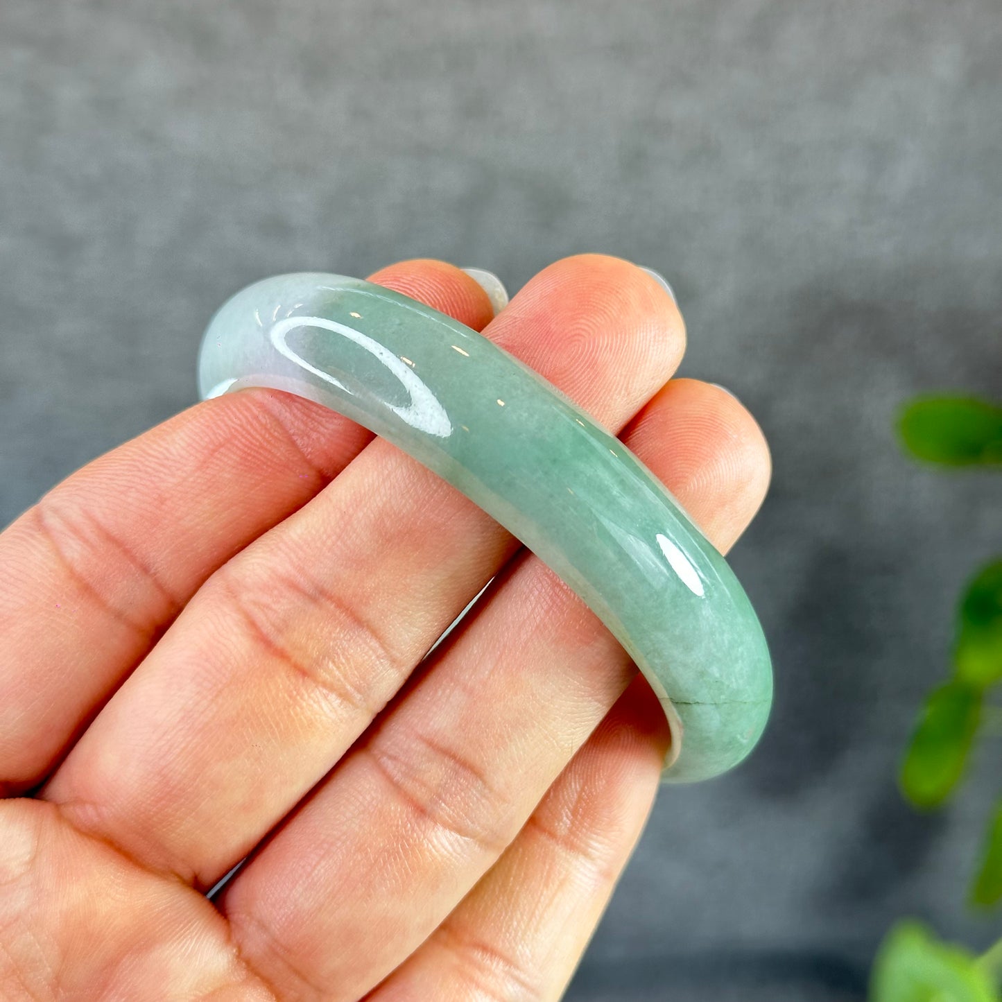 Moss Green Ivory White Natural Jadeite Jade Bangle Oval Leaf Style Size 55 mm
