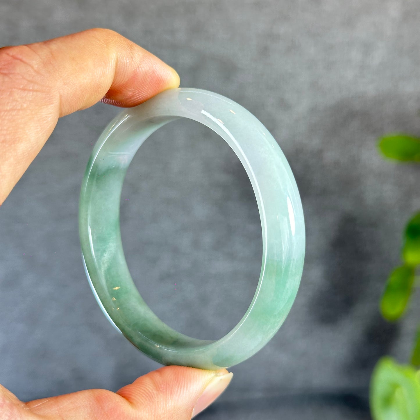 Moss Green Ivory White Natural Jadeite Jade Bangle Oval Leaf Style Size 55 mm