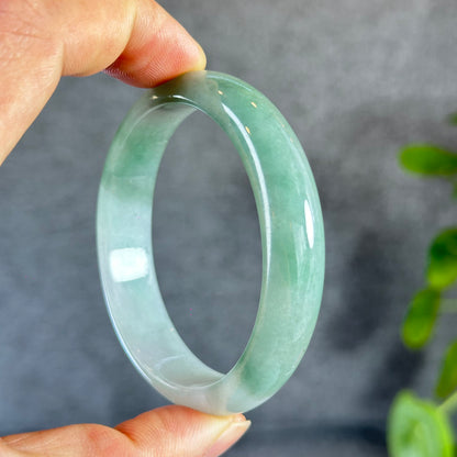 Moss Green Ivory White Natural Jadeite Jade Bangle Oval Leaf Style Size 55 mm