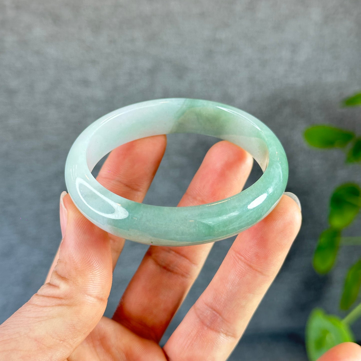 Moss Green Ivory White Natural Jadeite Jade Bangle Oval Leaf Style Size 55 mm