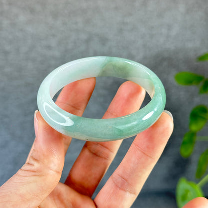 Moss Green Ivory White Natural Jadeite Jade Bangle Oval Leaf Style Size 55 mm