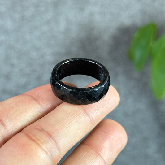Natural Black Water Facet Jadeite Jade Ring Size 1.95