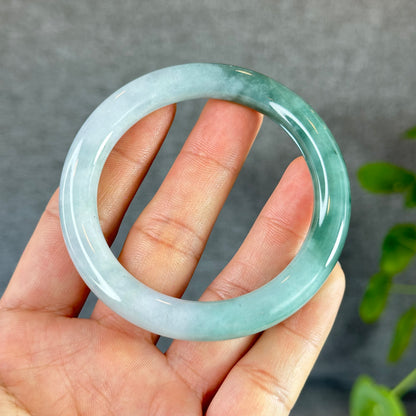 Moss Green Ivory White Natural Jadeite Jade Bangle Chopstick Style Size 55 mm