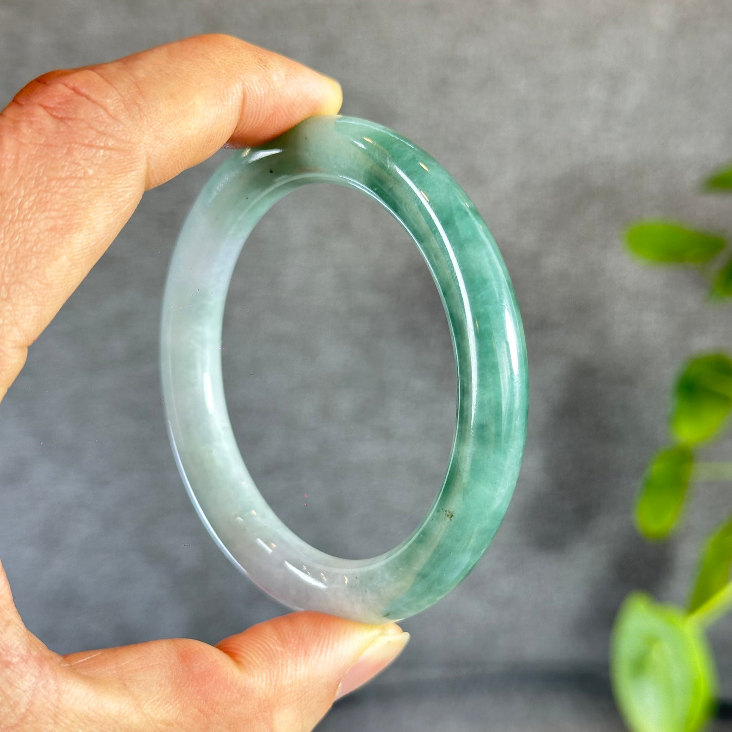 Moss Green Ivory White Natural Jadeite Jade Bangle Chopstick Style Size 55 mm