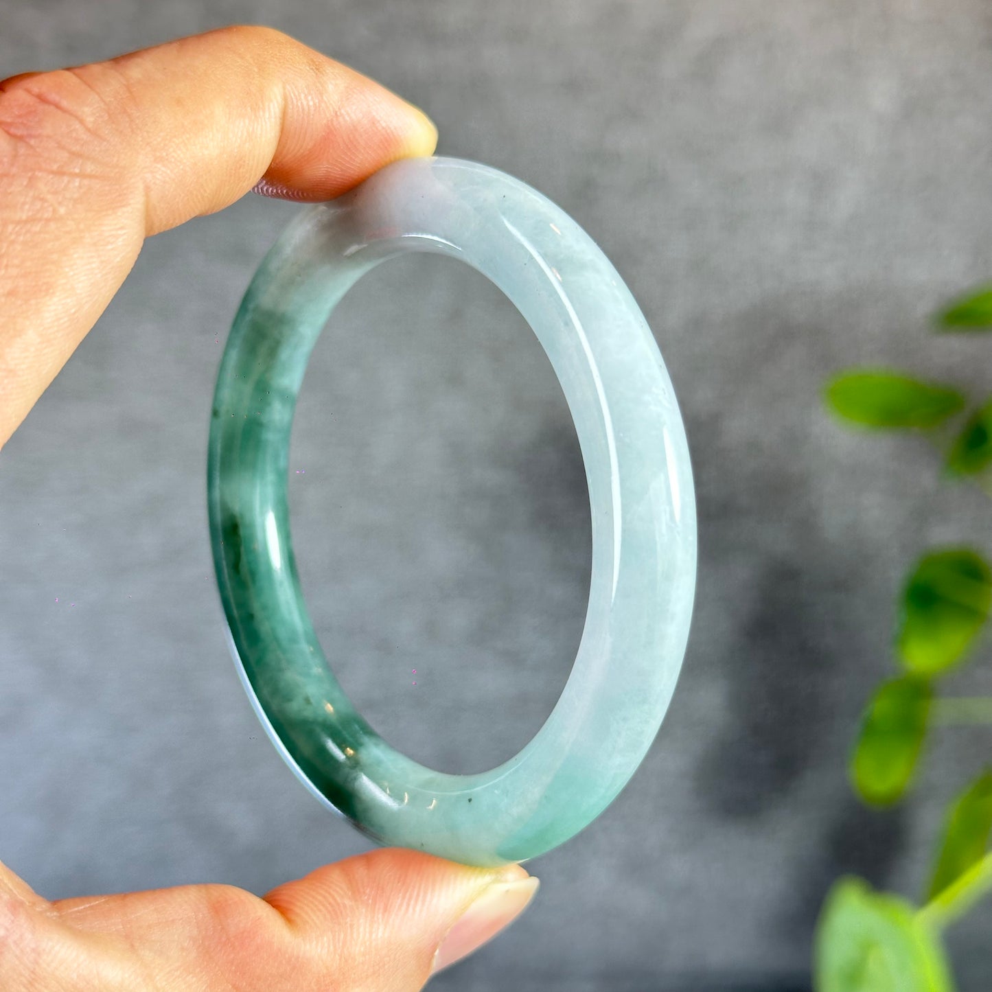 Moss Green Ivory White Natural Jadeite Jade Bangle Chopstick Style Size 55 mm
