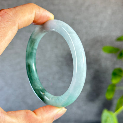 Moss Green Ivory White Natural Jadeite Jade Bangle Chopstick Style Size 55 mm
