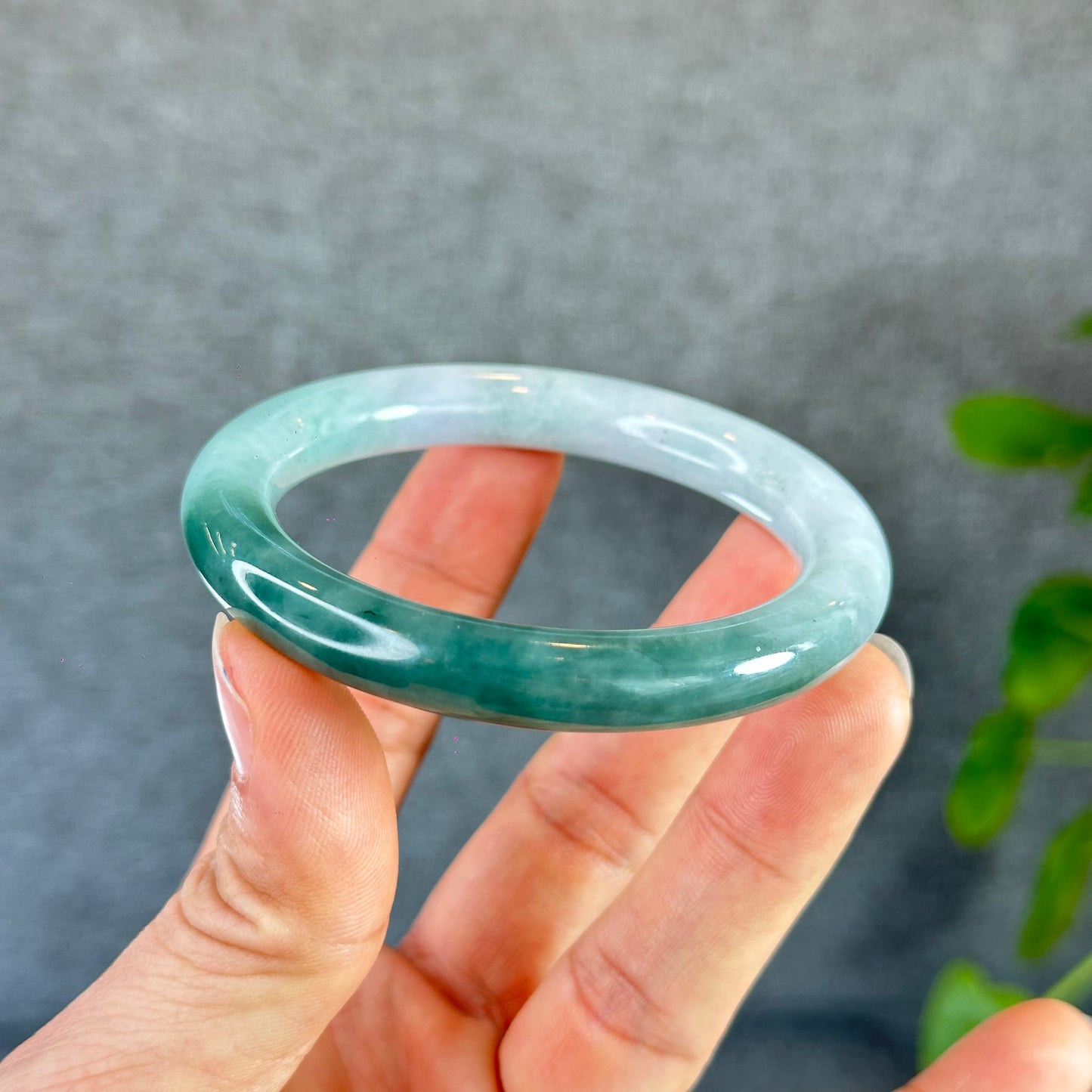 Moss Green Ivory White Natural Jadeite Jade Bangle Chopstick Style Size 55 mm