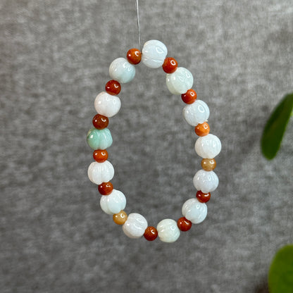 Lotus Jadeite Jade 10 mm mixed with Orange Jade 6 mm  Bracelet