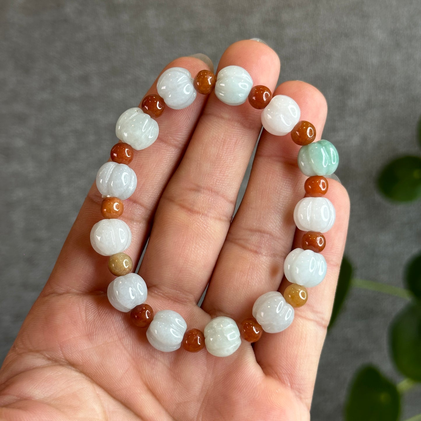 Lotus Jadeite Jade 10 mm mixed with Orange Jade 6 mm  Bracelet