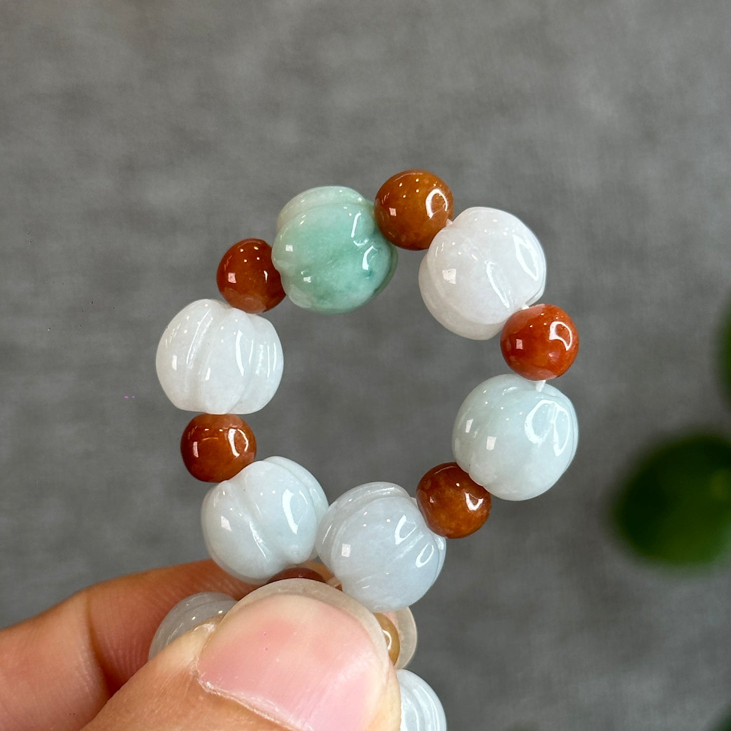 Lotus Jadeite Jade 10 mm mixed with Orange Jade 6 mm  Bracelet