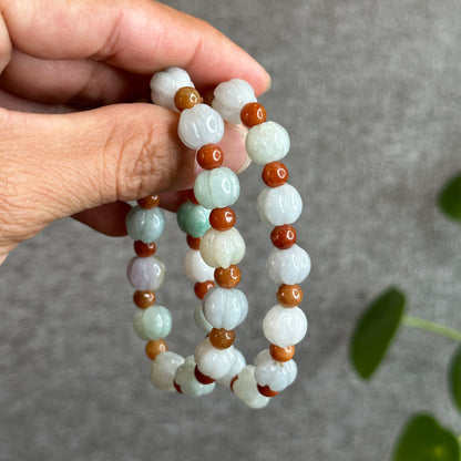 Lotus Jadeite Jade 10 mm mixed with Orange Jade 6 mm  Bracelet