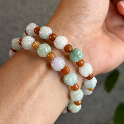 Lotus Jadeite Jade 10 mm mixed with Orange Jade 6 mm  Bracelet