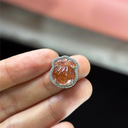 Money Bag Red Rutilated Quartz Charm in Silver Setting with White Stones