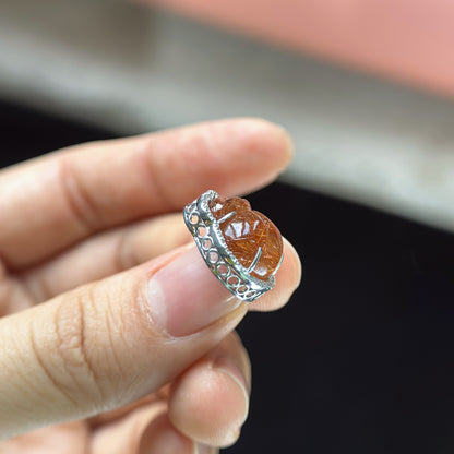 Money Bag Red Rutilated Quartz Charm in Silver Setting with White Stones