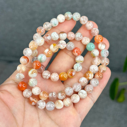 Natural Floral Agate Triple Wrap Bracelet Size 8 mm