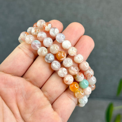 Natural Floral Agate Triple Wrap Bracelet Size 8 mm