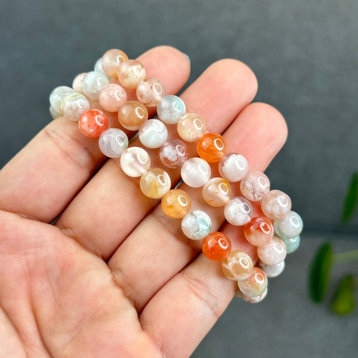 Natural Floral Agate Triple Wrap Bracelet Size 8 mm