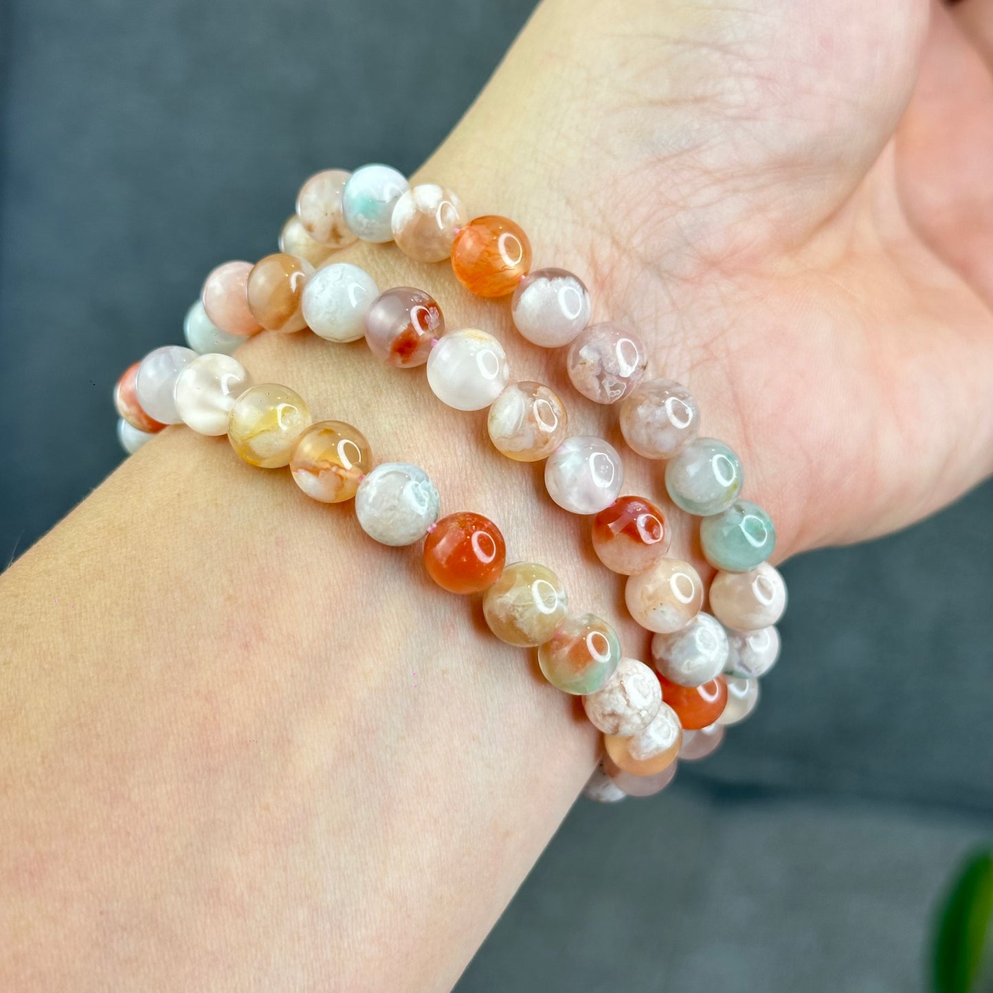 Natural Floral Agate Triple Wrap Bracelet Size 8 mm
