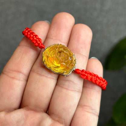 Amber Peony Flower Pendant in Silver Setting