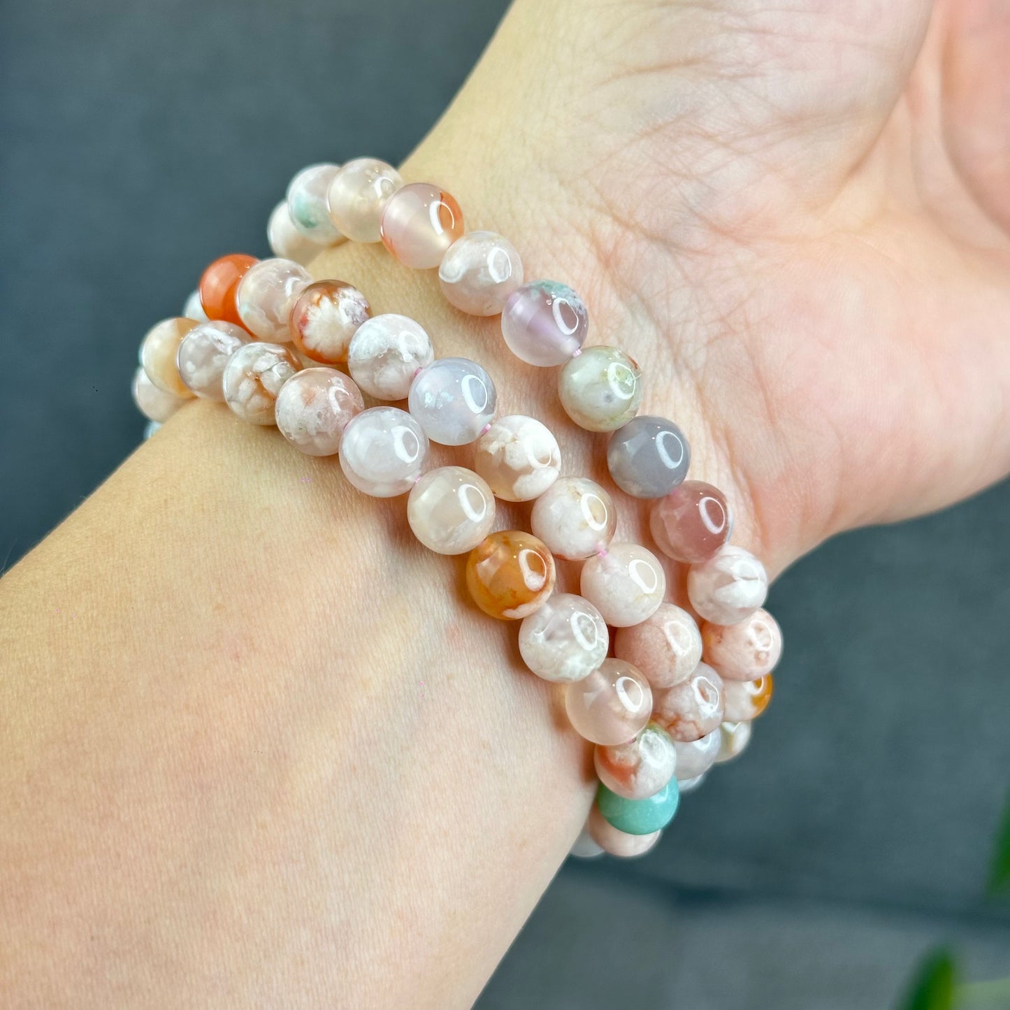 Natural Floral Agate Triple Wrap Bracelet Size 8 mm