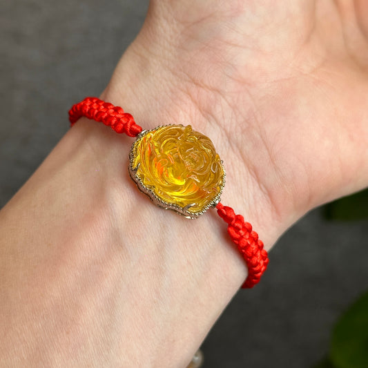 Amber Peony Flower Pendant in Silver Setting