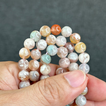 Natural Floral Agate Triple Wrap Bracelet Size 8 mm
