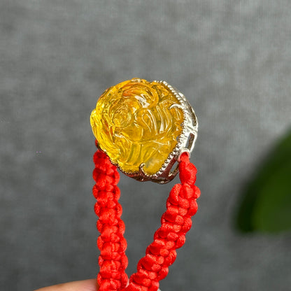 Amber Peony Flower Pendant in Silver Setting