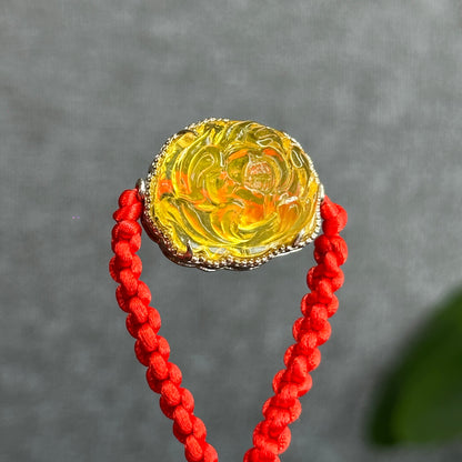 Amber Peony Flower Pendant in Silver Setting