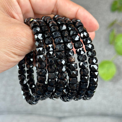 Natural Black Tourmaline Faceted Chickle Bracelet Size 7.8 mm