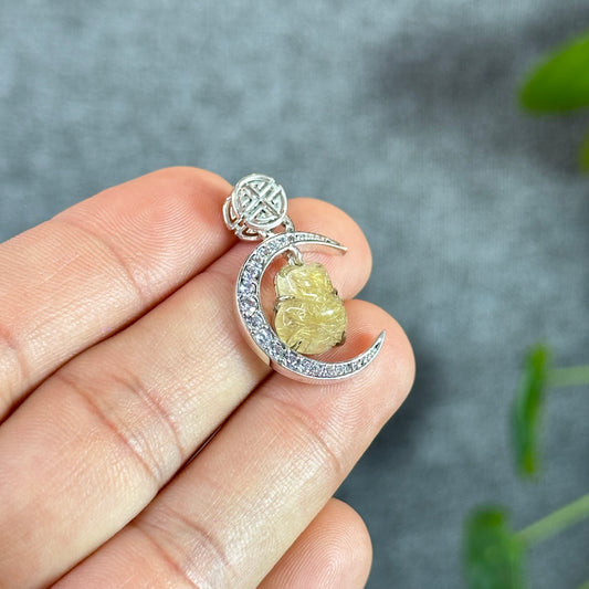 Ho Ly Natural Golden Rutilated Quartz Pendant In Moon Gold Platted Silver Setting