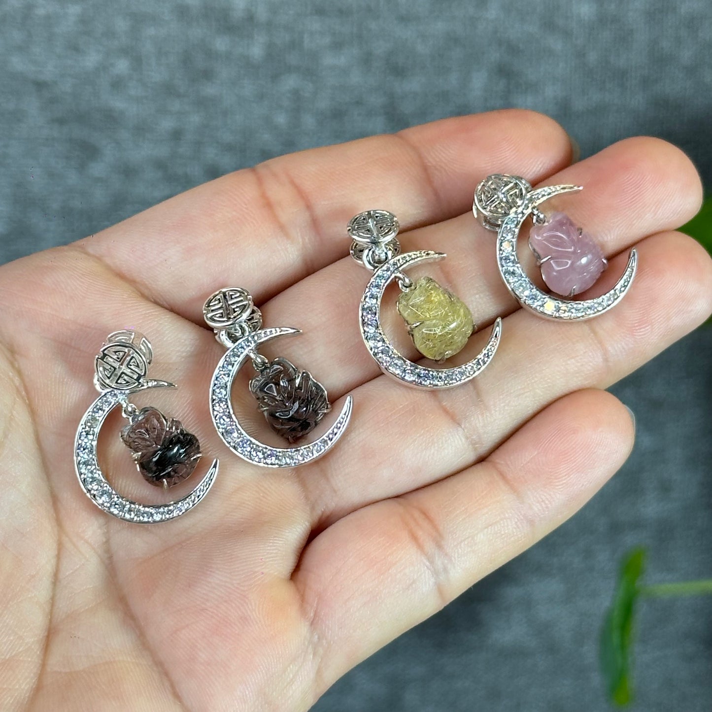 Ho Ly Rose Quartz Pendant In Moon Gold Platted Silver Setting