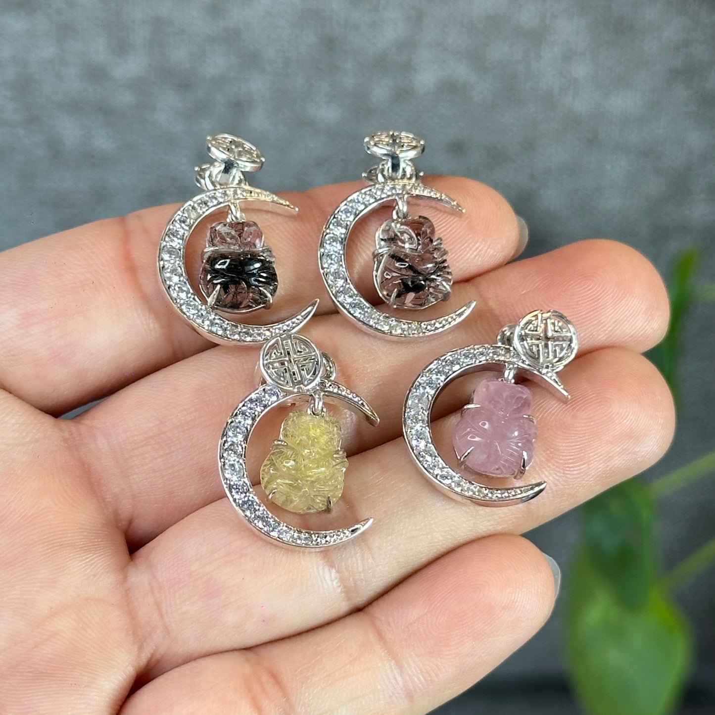 Ho Ly Rose Quartz Pendant In Moon Gold Platted Silver Setting