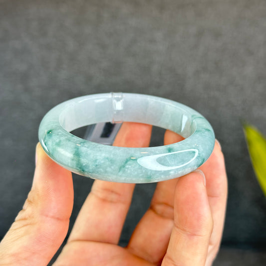 Natural Floating Floral Moss Green Semi Translucent Jadeite Jade VIP Bangle Leaf Style Size 54.8 mm