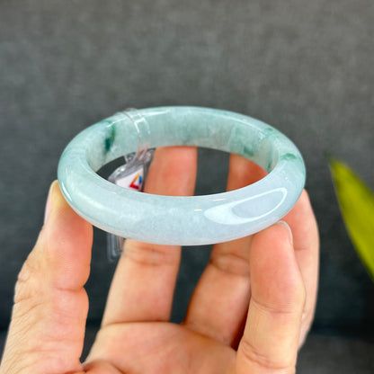 Natural Floating Floral Moss Green Semi Translucent Jadeite Jade VIP Bangle Leaf Style Size 54.8 mm