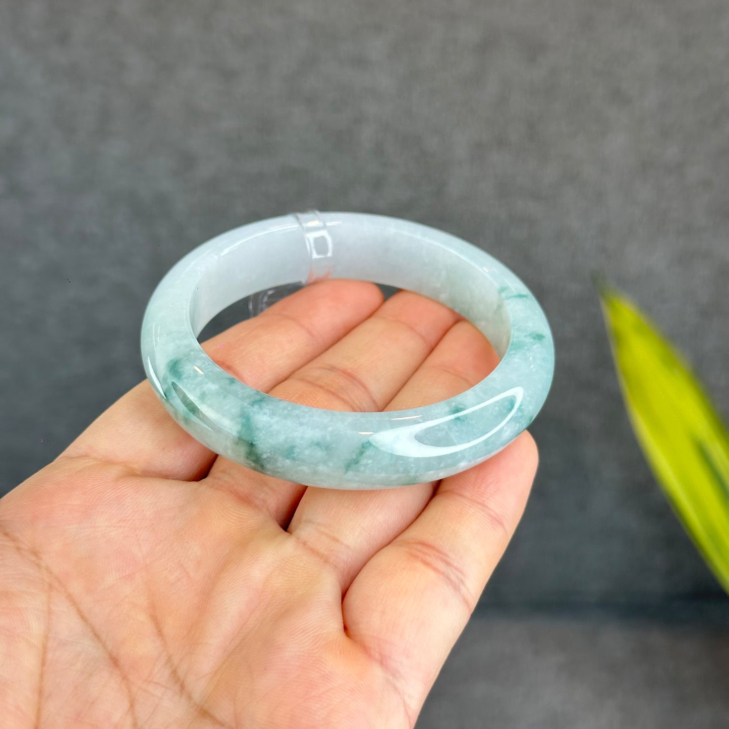 Natural Floating Floral Moss Green Semi Translucent Jadeite Jade VIP Bangle Leaf Style Size 54.8 mm