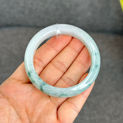 Natural Floating Floral Moss Green Semi Translucent Jadeite Jade VIP Bangle Leaf Style Size 54.8 mm
